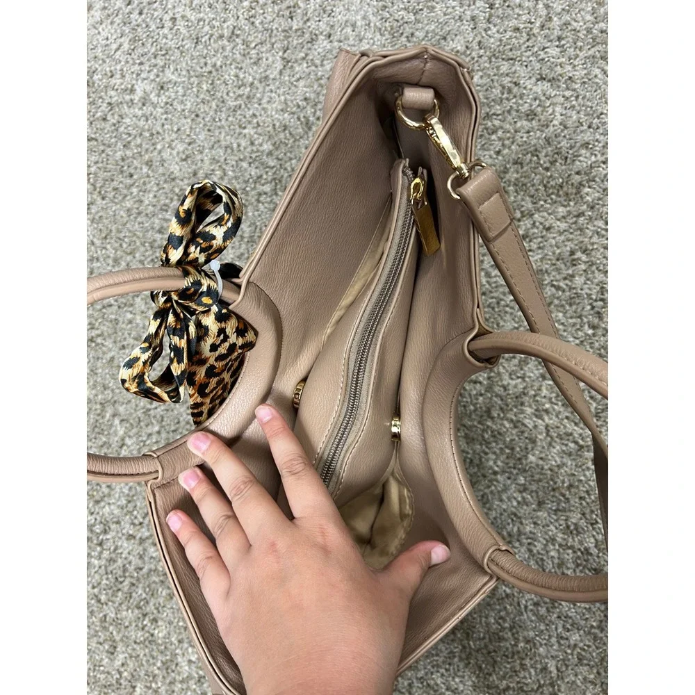 Taupe Pleated Fan Satchel Handbag with Leopard Scarf and Crossbody Strap